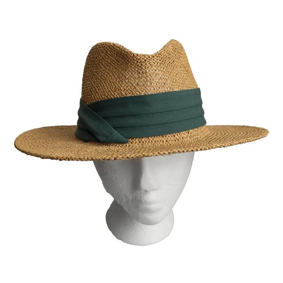 Unbranded Accessories - Vintage Straw Sun Hat w/ Green Fabric Havana Band - Made in USA - EUC - One Size